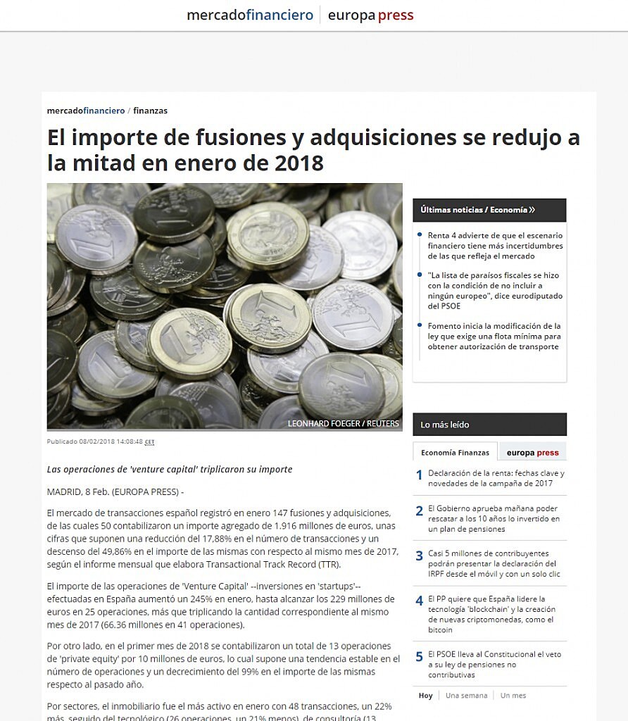 El importe de fusiones y adquisiciones se redujo a la mitad en enero de 2018